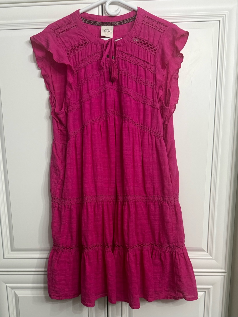 Knox Rose Fuchsia Tiered Boho Babydoll Dress Flutter Sleeve Tassel Tie Size XXL